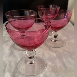 4 Cranberry Glass Cordial glasses. 5oz Art Deco hot pink.